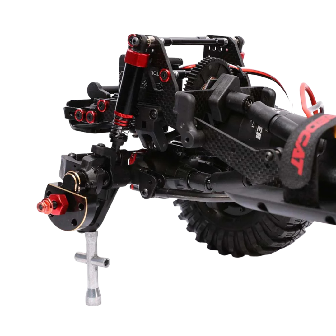 Close-up of a mechanical component with red accents on a white background