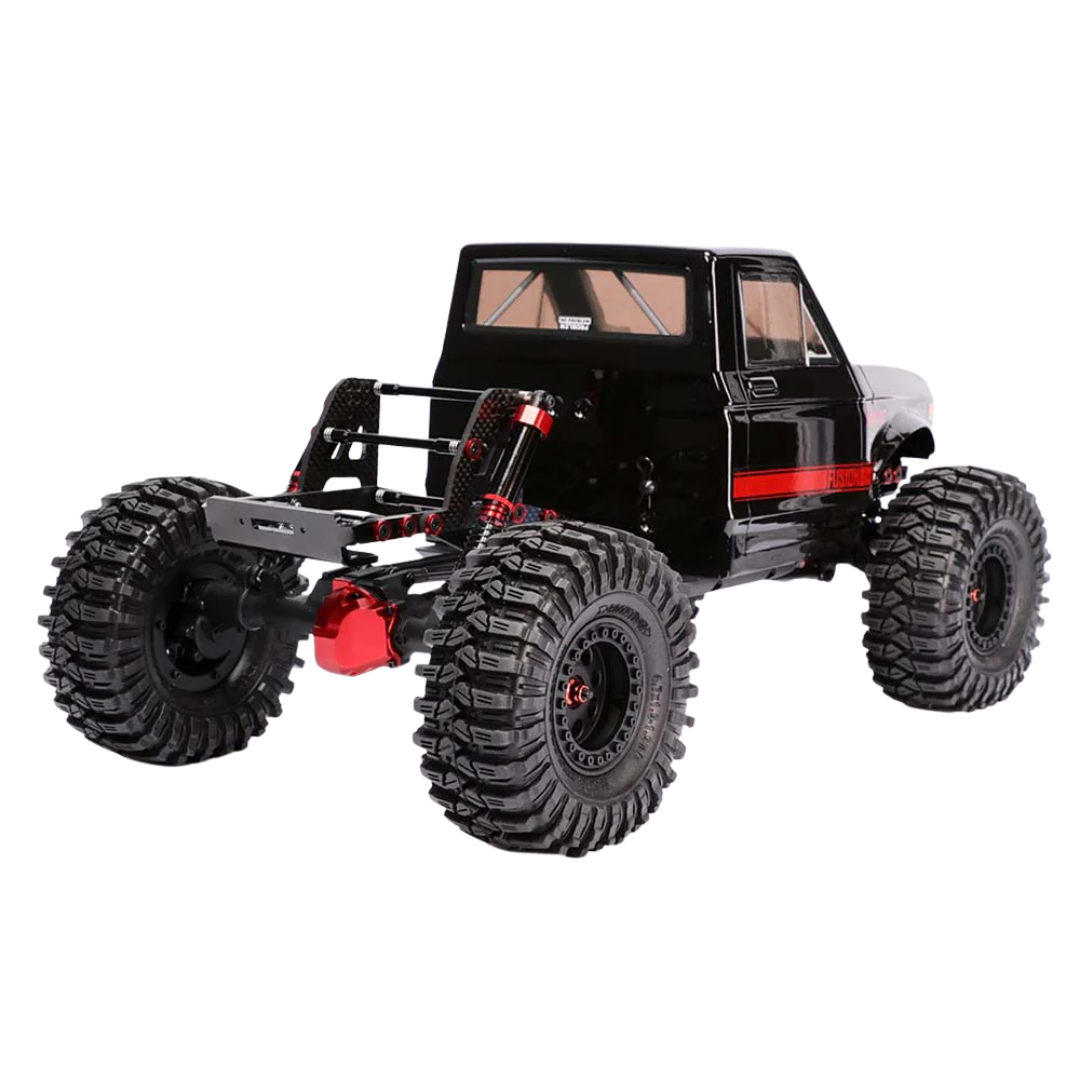 Black off-road toy vehicle with large wheels on a white background