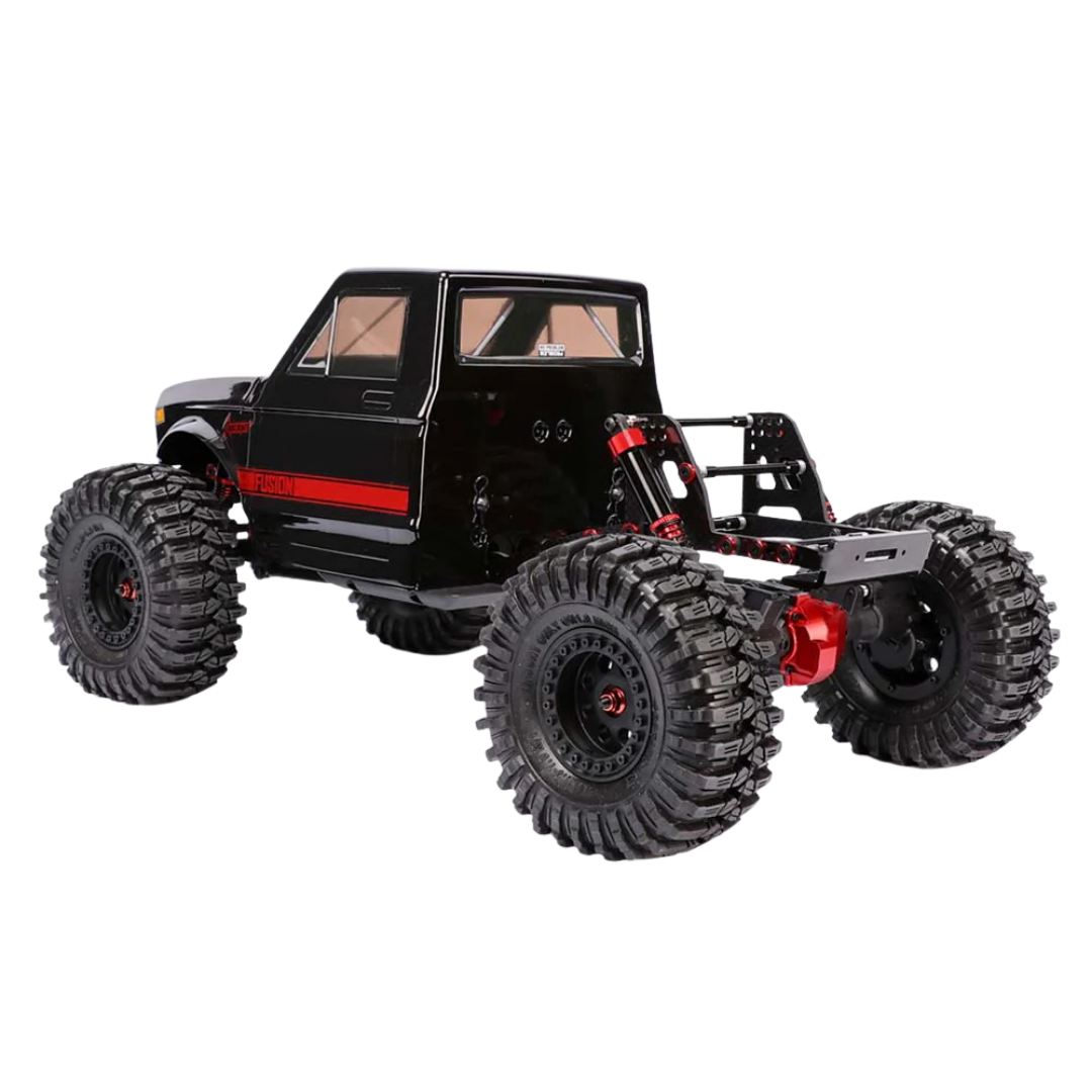 Black off-road vehicle model with large tires on a white background