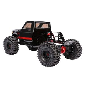 Black off-road vehicle model with large tires on a white background