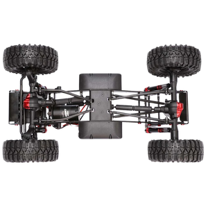 Top view of a four-wheeled vehicle chassis with large black tires on a white background