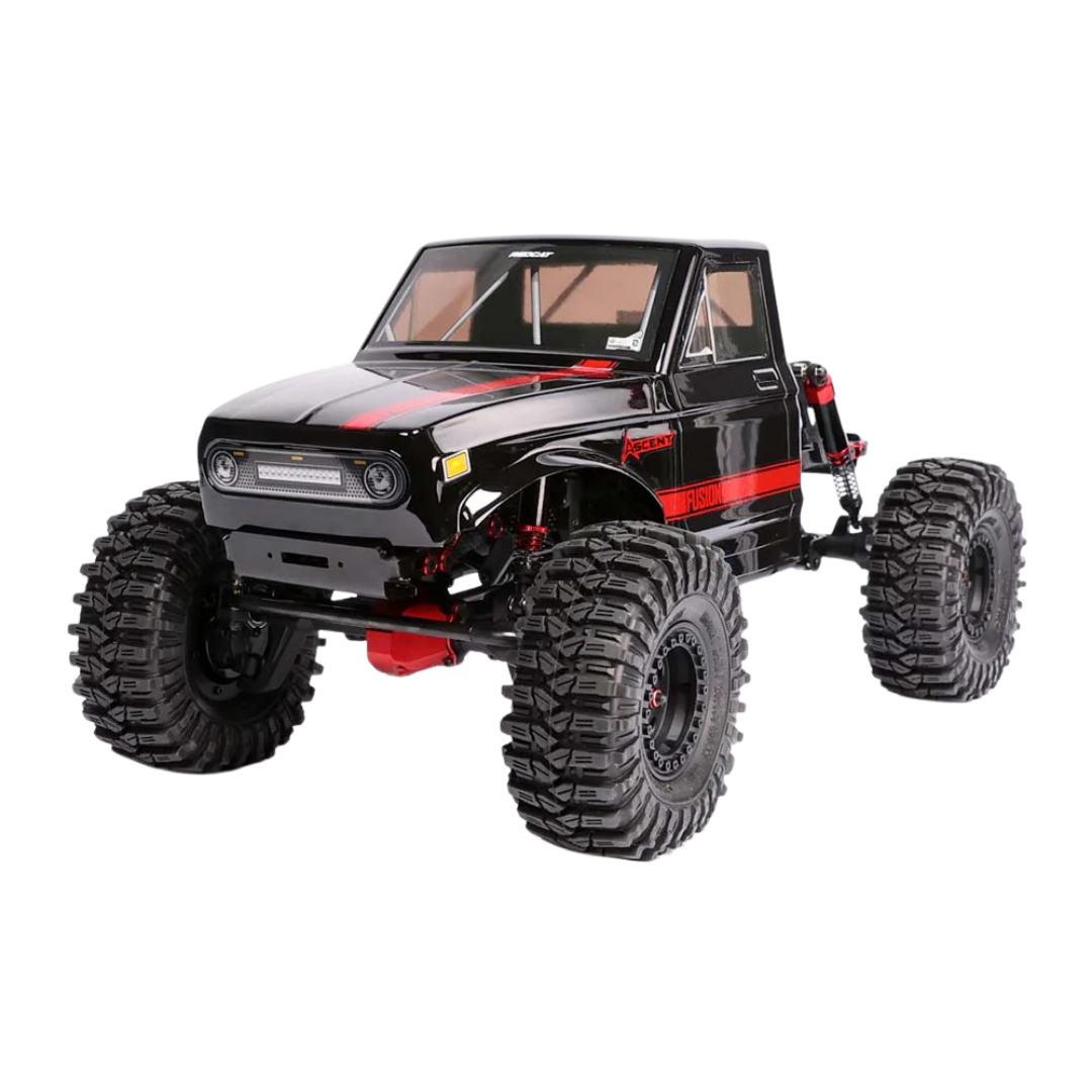 Black and red off-road model vehicle on a white background