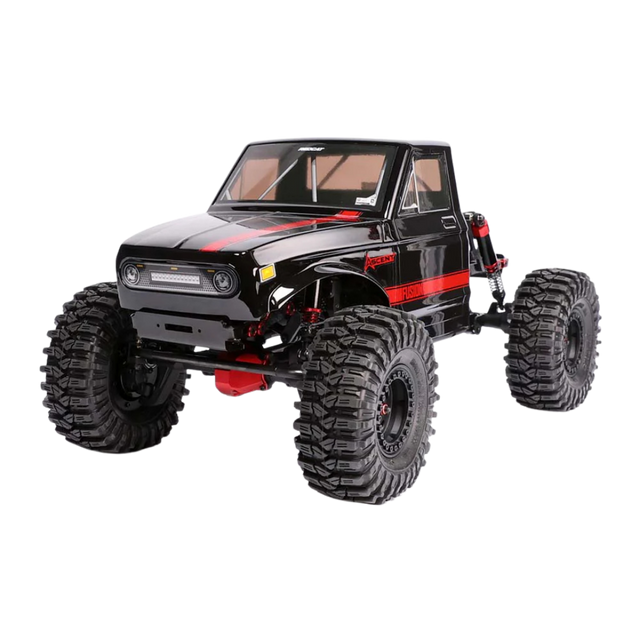 Black and red off-road model vehicle on a white background