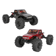 Two remote control monster trucks, one red and one black, on a white background.