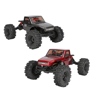 Two remote control monster trucks, one red and one black, on a white background.