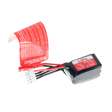 Small lithium polymer (LiPo) battery with warning label on a white background