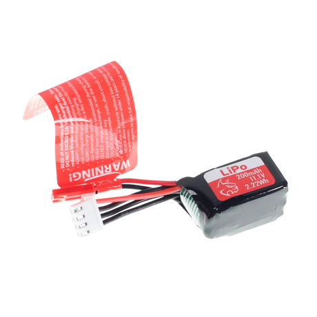 Small lithium polymer (LiPo) battery with warning label on a white background