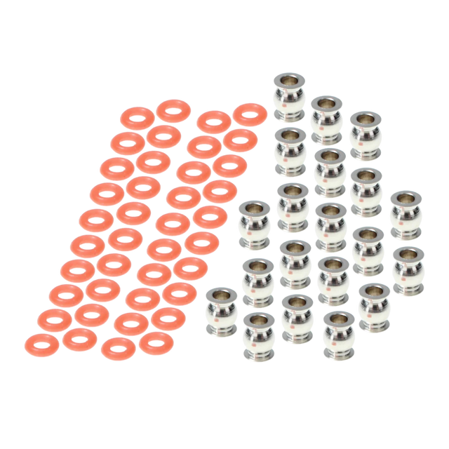Set of red washers and silver metal washers on a white background