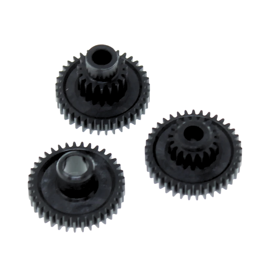Three black gears on a white background