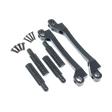 Set of metal components and screws on a white background