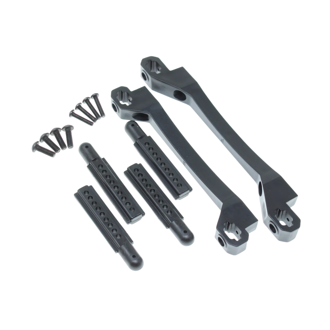 Set of metal components and screws on a white background