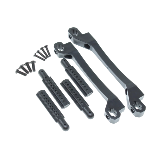 Set of metal components and screws on a white background