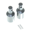 Two metallic cylindrical components with threaded holes on a white background