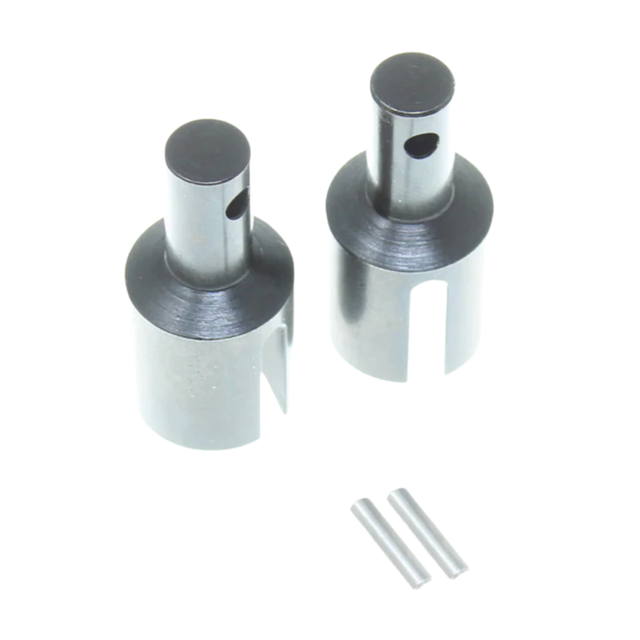 Two metallic cylindrical components with threaded holes on a white background