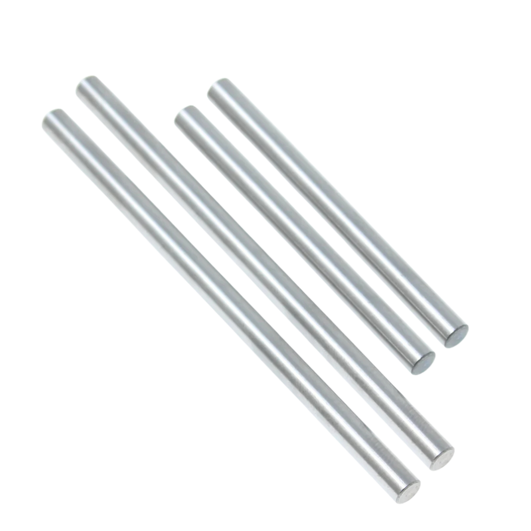 Set of four silver metal rods on a white background
