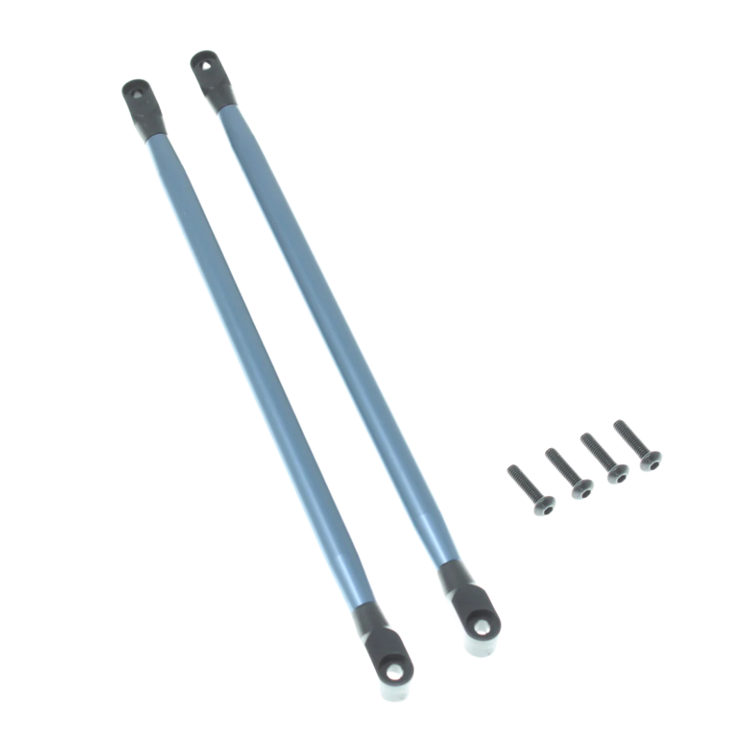 Two blue metal rods with black ends and screws on a white background