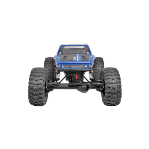 Blue off-road vehicle chassis with large wheels on a white background