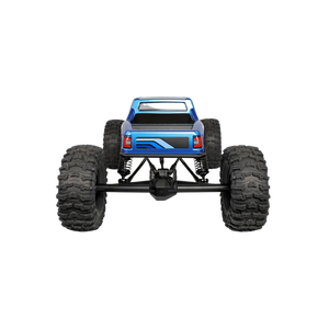 Blue monster truck with large black tires on a white background