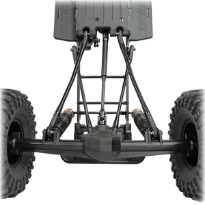 Close-up of a vehicle suspension system with tires on a white background