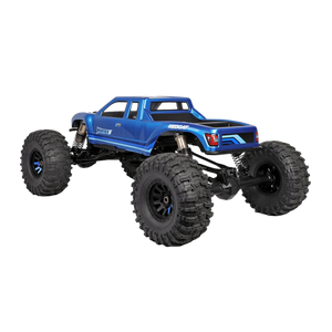 Blue monster truck with large wheels on a white background