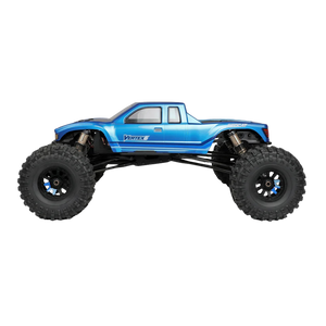 Blue monster truck with large wheels on a white background