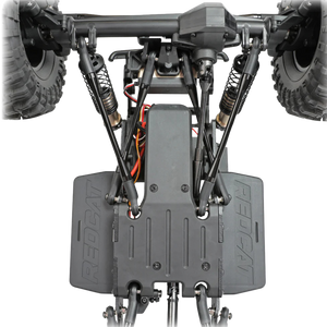 Close-up of a remote control car's undercarriage with visible branding on a white background