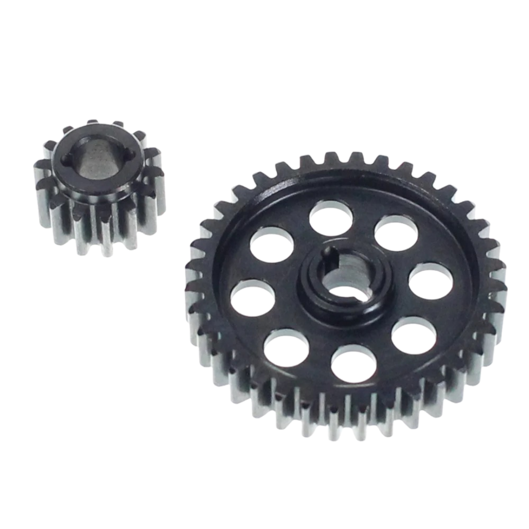 Two black metal gears, one small and one large with circular cutouts, shown on a plain white background.
