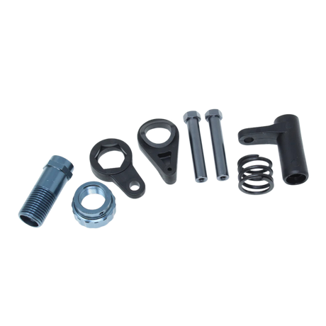 Set of mechanical parts including bolts, nuts, and springs on a white background
