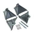 Set of black plastic brackets and screws on a white background