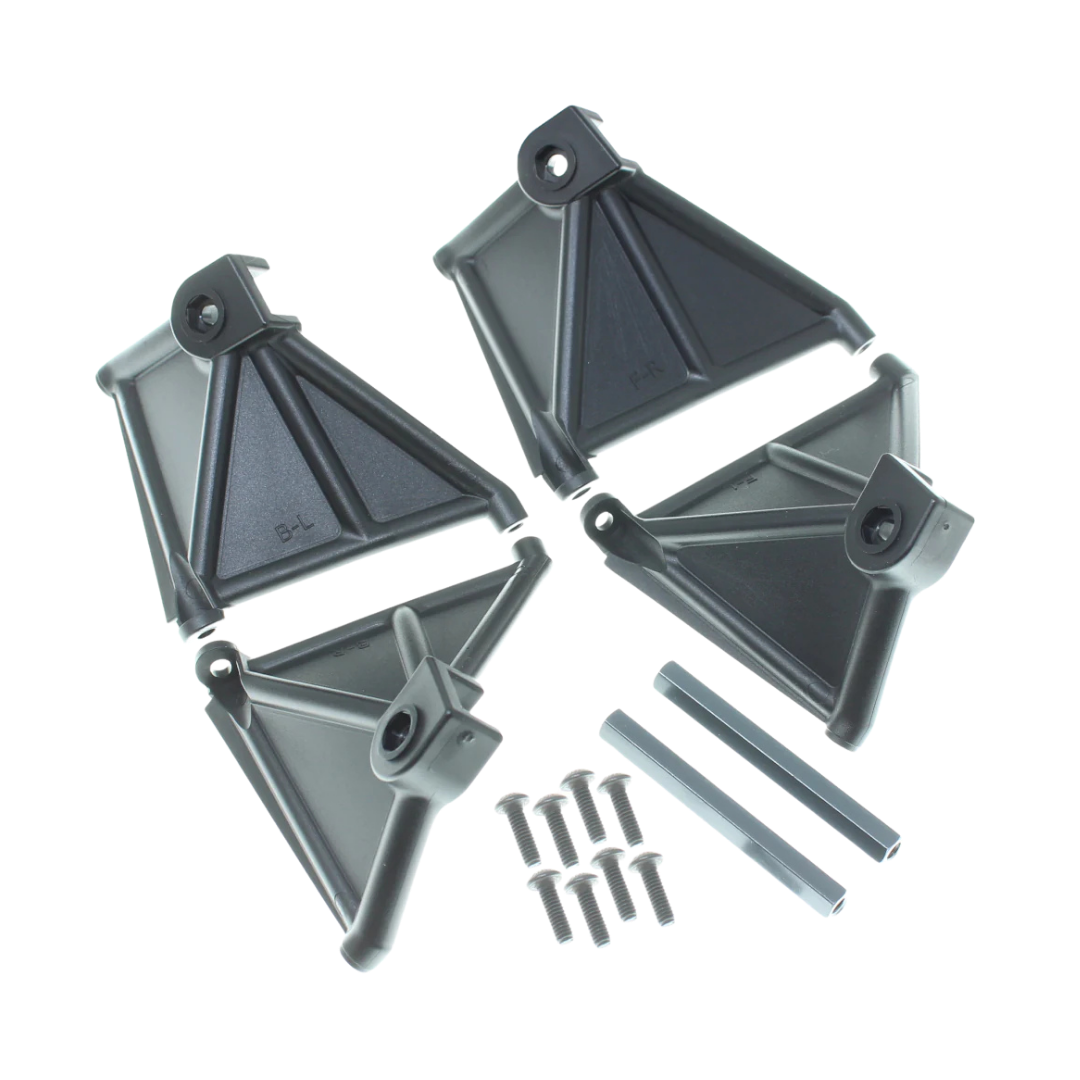 Set of black plastic brackets and screws on a white background