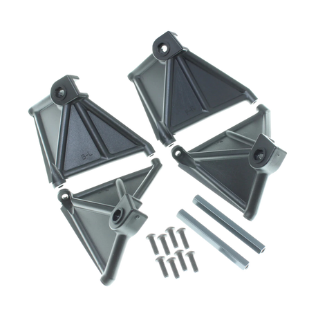 Set of black plastic brackets and screws on a white background