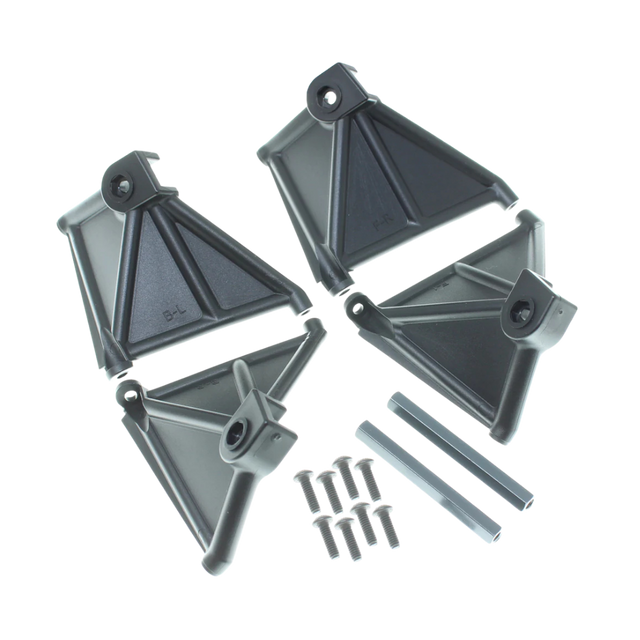 Set of black plastic brackets and screws on a white background