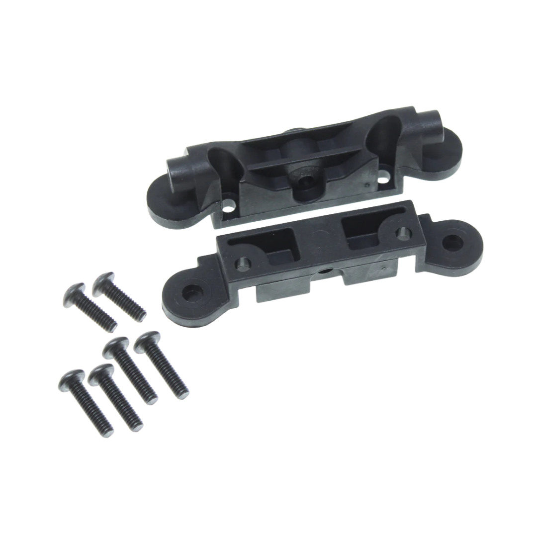 Two black plastic components with screws on a white background