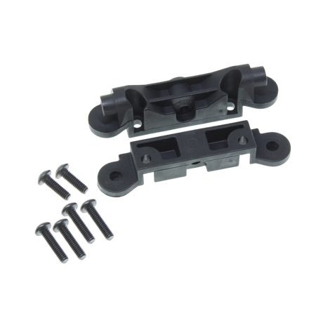 Two black plastic components with screws on a white background