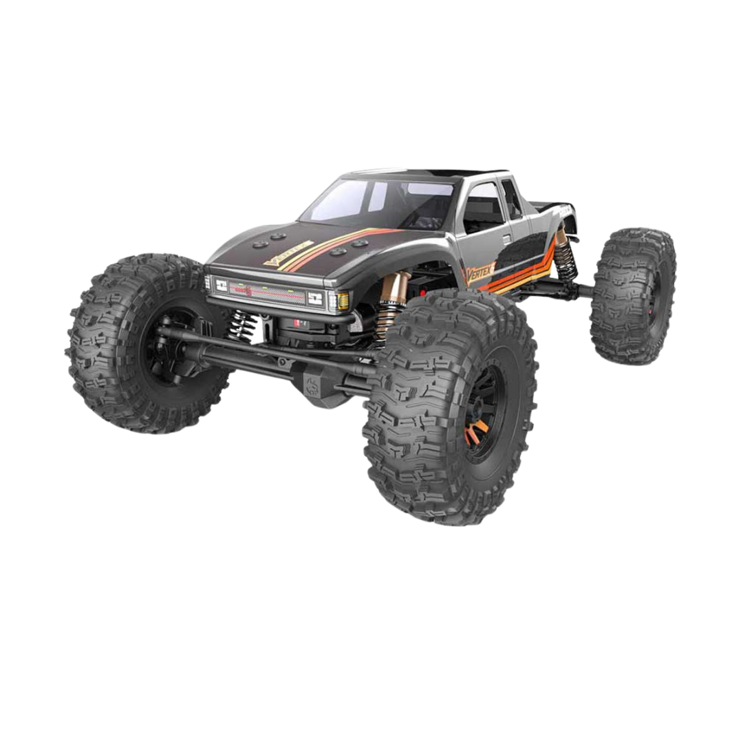 Model of a monster truck with large wheels on a white background