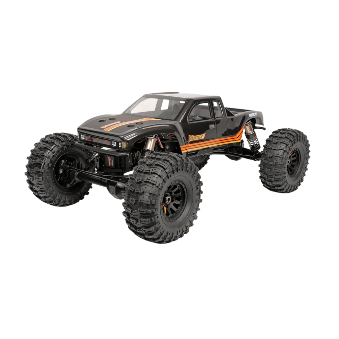 Black and orange monster truck on a white background