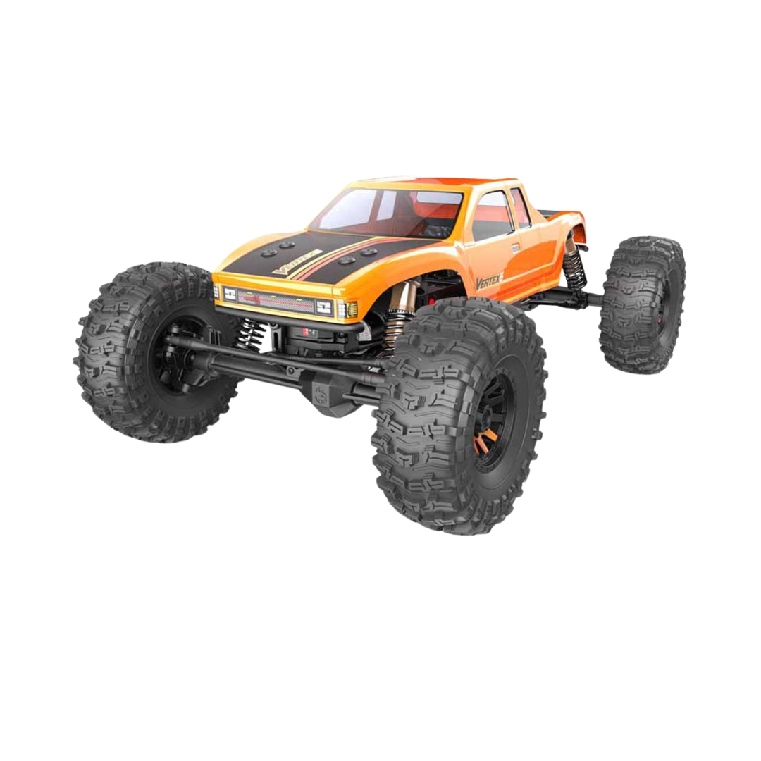Orange monster truck with large black tires on a white background