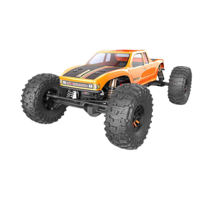 Orange monster truck with large black tires on a white background