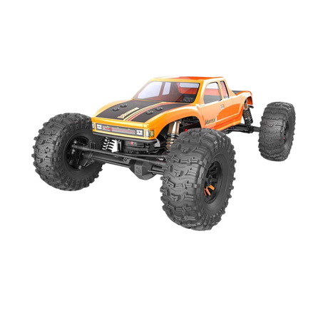 Orange monster truck with large black tires on a white background