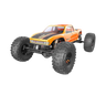 Orange monster truck with large black tires on a white background