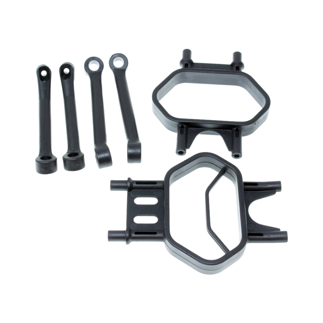 Set of black bumper supports and control arms on a white background