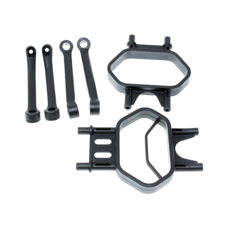 Set of black bumper supports and control arms on a white background