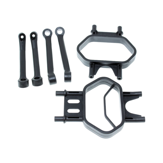 Set of black bumper supports and control arms on a white background