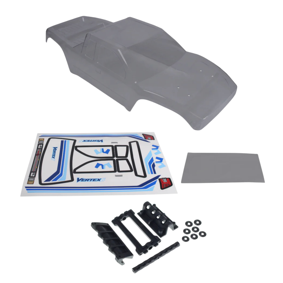 clear RC car body with decals and black parts on a white background