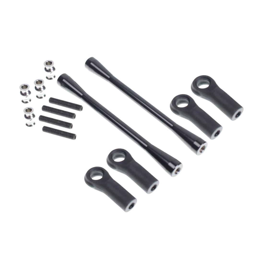 Set of black metal rod and socket components on a white background
