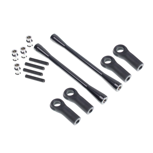 Set of black metal rod and socket components on a white background