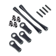 Set of black metal rod and connector components on a white background