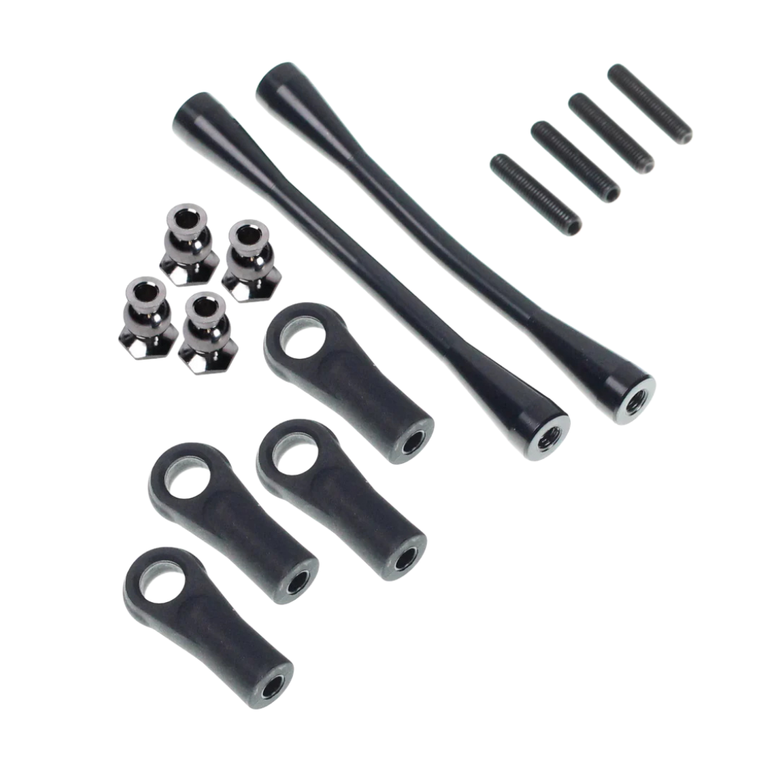Set of black metal rod and connector components on a white background