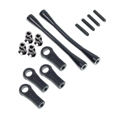 Set of black metal rod and connector components on a white background