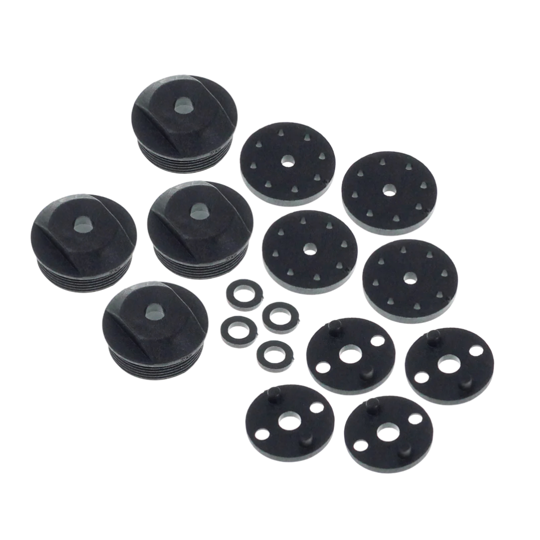 Set of black mechanical components on a white background